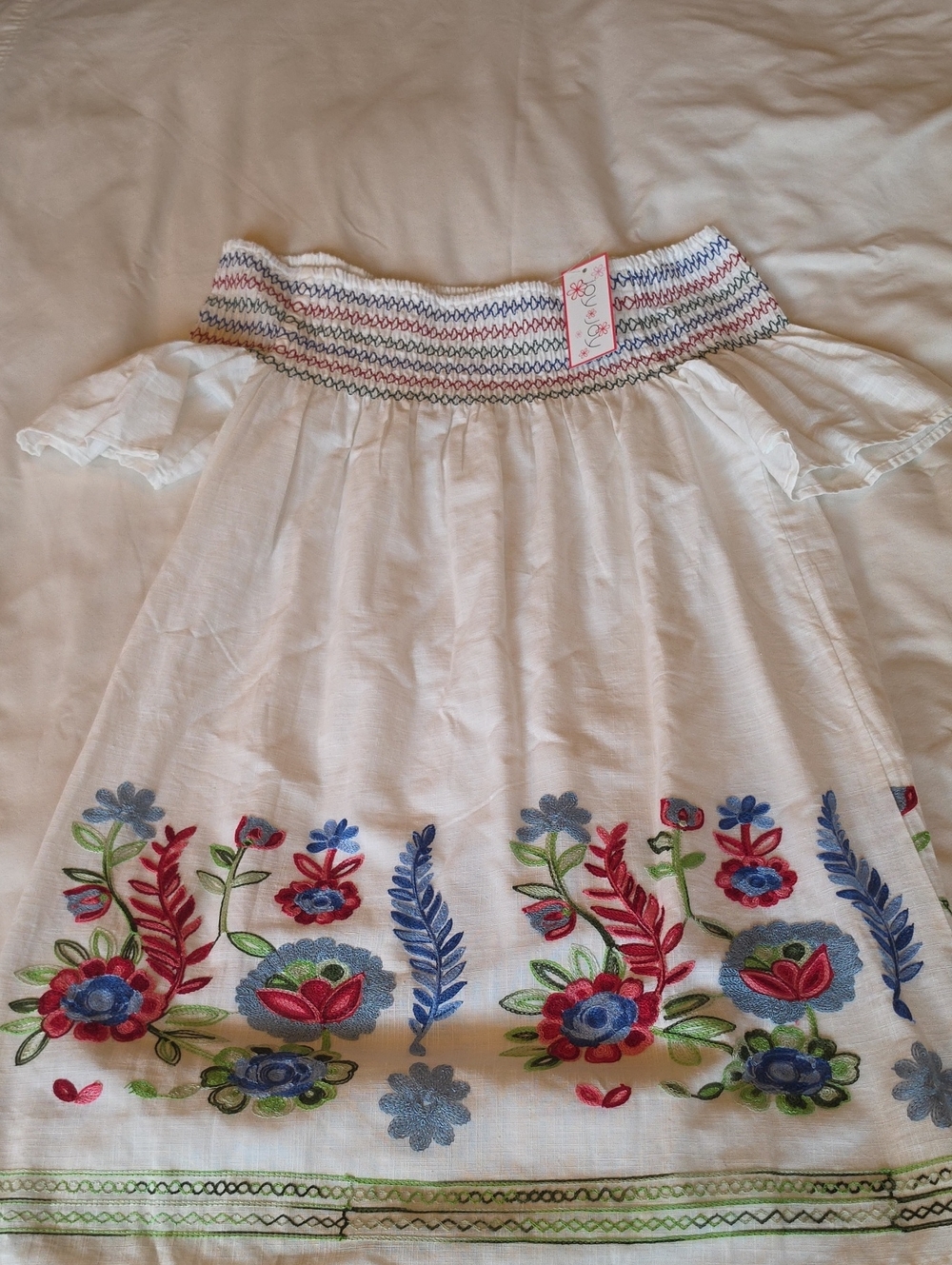 Joy Joy White Strapless Dress with Multicolor Floral Embroidery